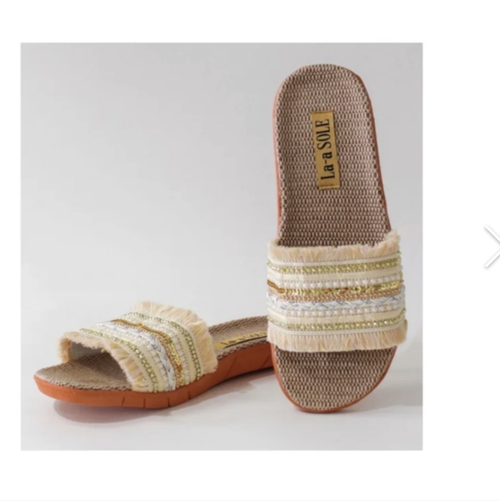 La-a Sole Boho Slides Beige and Gold Sandals Size 37-38